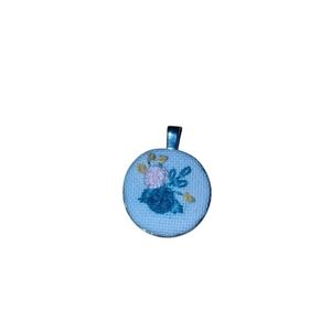 Handmade Embroidered Floral Pendant Charm Blue Pink Rose Silver Tone Circle